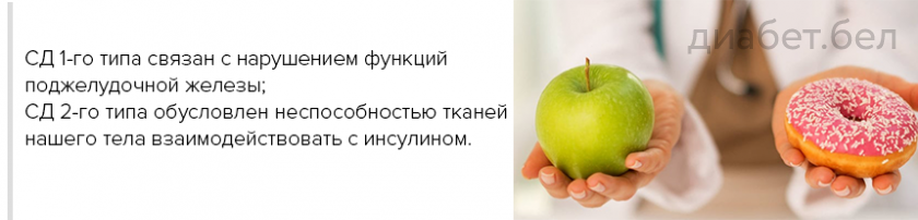 СД 1-го типа связан с нарушением функции поджелудочной железы, СД 2-го типа обусловлен неспособностью организма взаимодействовать с инсулином
